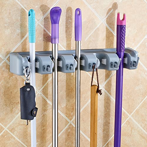 LIFKOME Waterproof Wall Broom Holder Sturdy Mop Brush Hanger Non-slip Design 5 Positions 6 Hooks for Home Use - color: Light Grey