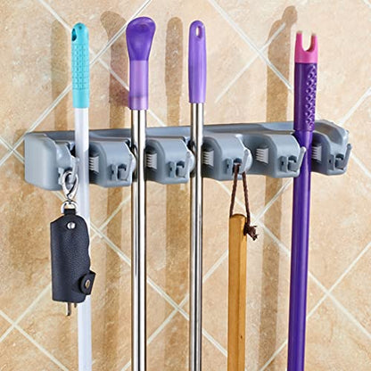 LIFKOME Waterproof Wall Broom Holder Sturdy Mop Brush Hanger Non-slip Design 5 Positions 6 Hooks for Home Use - color: Light Grey
