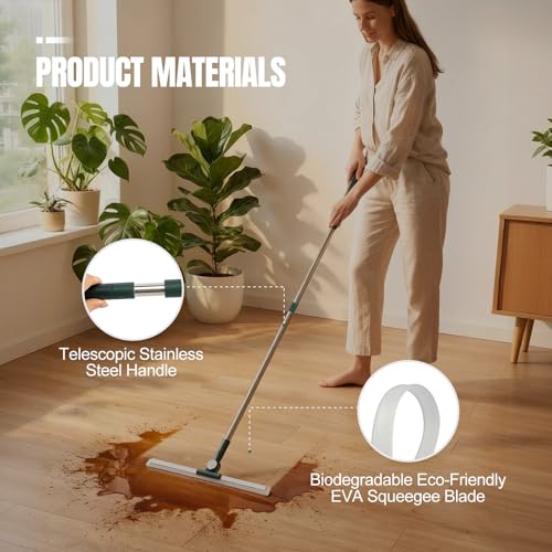 29"-49" Telescopic Pole Floor Squeegee for Concrete Floor, 21.85" Wide Heavy-Duty Squeegee with Detachable Stiff Brush, Large Squeegee Broom for Tile Floor, Garage, Swimming Pool, Bathroom - size: 21.9" wide