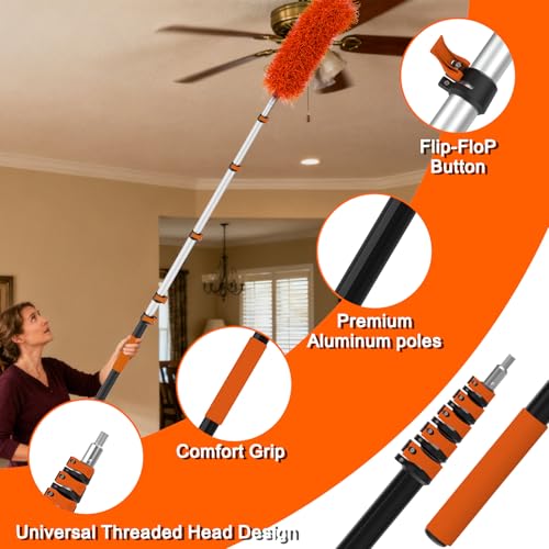 26FT Reach Duster Kit, Window Cleaning with 5-20FT Telescoping Extension Pole, High Ceiling Duster, Microfiber Feather Duster, Cobweb Duster, Window Squeegee, Feather Duster, Extendable Pole Kit - color: Orange, size: 20FT