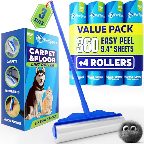 PetLovers Large Lint Roller with 3 Refills – 360 Total Sheets for Tackling Pet Hair, Extra Large Floor and Carpet Roller for Homes with Pets, Perfect for Floors, Furniture, and Loving Pet Owners - size: 4 Pack Floor Roller