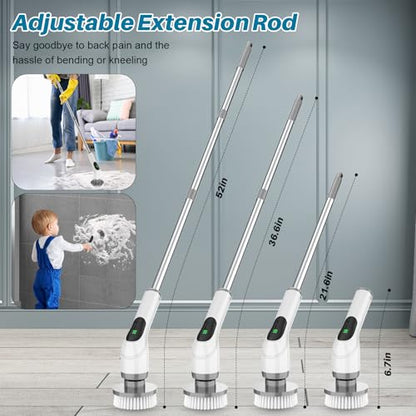 Electric Spin Scrubber for Cleaning: Cordless Scrub Brush with Extension Handle and Adjustable Speeds - Power Scrubbers for Cleaning Bathroom Shower Tub Tile Floor Car (Gray)