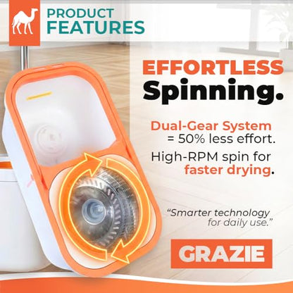 Grazie Spin Mop & Bucket Set - 360° Self-Wringing System, Stainless Steel Handle - Hands-Free Floor Cleaning for Hardwood, Tile, Laminate - Includes 2 Washable Microfiber Mop Head Refills - size: White Mop Bucket + 2 Mop Heads