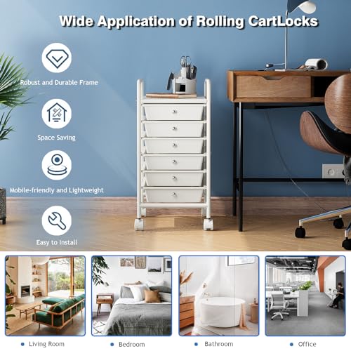 6-Tier Utility Cart with 6 Drawers, Rolling Utility Cart with 2 Lockable Caster Wheels, Multipurpose Mobile Rolling Drawer Cart for Office Bathroom Kitchen, Ivory White - size: White, 6-Tier