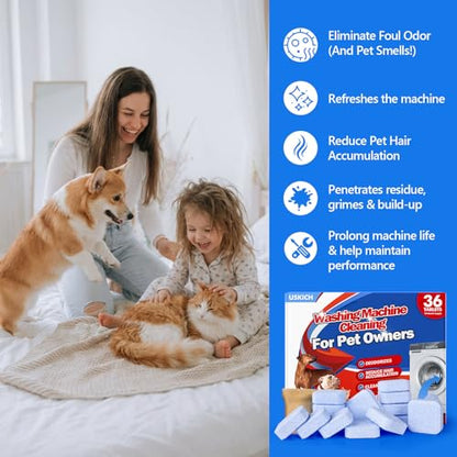 USKICH 36 Pack Washing Machine Cleaner Tablets for Pet Owners Pro, Deep Cleaning Pet Hair Remover for Laundry,Eliminates Odors,Compatible with HE, Top & Front Load Washer - style: Pet Cleaners-36P