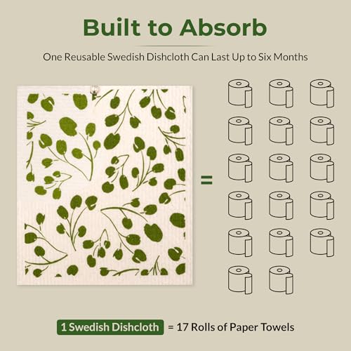 Swedish Dishcloths, Super Absorbent Multi-Surface Cleaning Cloths, Blue Floral Print, 80% Cellulose, 6.7x7.5 Inch, Set of 5 Designs - color: Multicolor