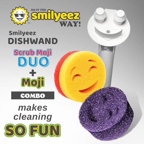 The Original Smiling Handle with Soap Dispensing for Scrub Daddy (Reg. TM) Sponge and Scrub Moji Sponge, Smile Caddy, and 2 Scrub Mojis (White/Grey Wands) - style: White / Grey Brush