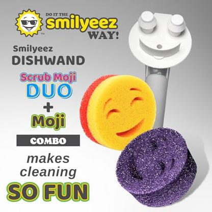 The Original Smiling Handle with Soap Dispensing for Scrub Daddy (Reg. TM) Sponge and Scrub Moji Sponge, Smile Caddy, and 2 Scrub Mojis (White/Grey Wands) - style: White / Grey Brush