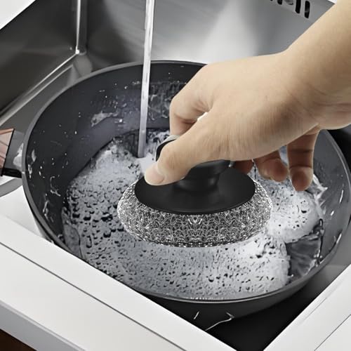 Scrubber with Handle Comes with Three Replacement Balls Steel Wool, Short Handle Scrubber, Steel Wool Scrubber Supplies Dish Scrubber, Stainless Steel Scrubber Tool Metal Scrubber for Dishes - color: 5pcs-1