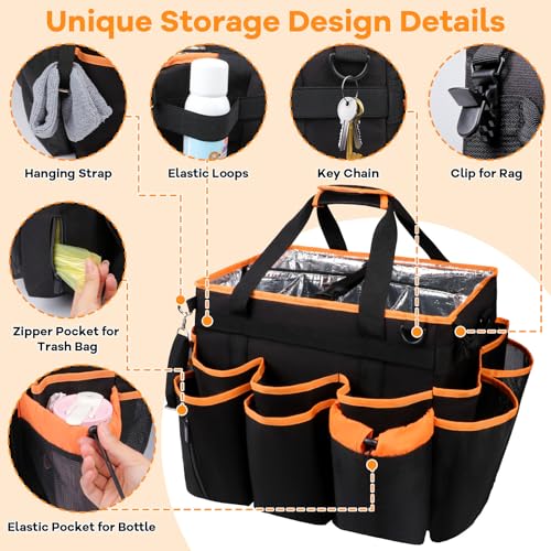 COVKEV Rolling Cleaning Caddy with Wheels& Built-in Board, Extra Large Cleaning Caddy Bag with Detachable Trolley, Water Resistant Lining Cleaning Supplies Organizer on Wheels for Housekeepers (Black)