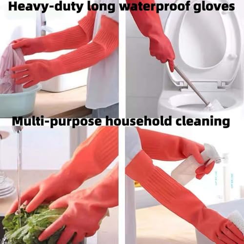 21.7inch Extra Long Latex Cleaning Gloves Waterproof Heavy Duty Rubber Reusable Dish wash Household Cleaning - color: Red