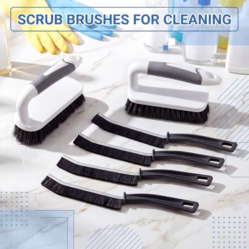 6 Pack Scrub Brushes for Cleaning Including Scrub Brush and Crevice Brush for Shower, Bathtub Scrubber with Handle Stiff Bristle Brushes for Kitchen, Sink, Carpet, Floor and Wall Surfaces