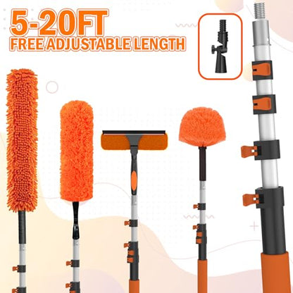 LAANPOLE 26FT High Reach Duster Cleaning Kit with Extension Pole, High Ceiling Fan Cleaner Duster Tool for Fan Blades, Window Washing Kit with Microfiber Feather Duster & Window Squeegee - size: 20FT