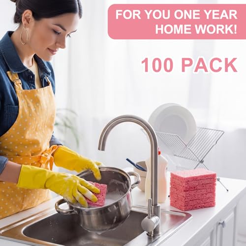 Zhengmy 100 Pieces Sponges Bulk Sponges Kitchen Compressed Sponge Natural Dish Sponge Compressed Wood Pulp Cleaning Without Scratching for Kitchen Bathroom, 3.9 x 2.4 x 0.12 Inch (Pink) - color: Pink