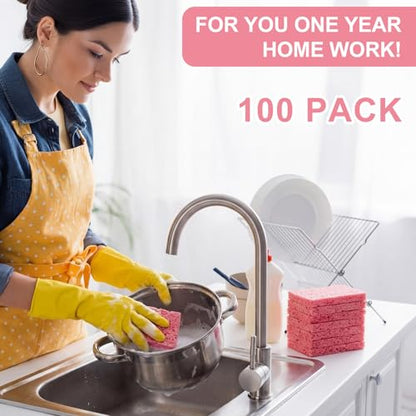 Zhengmy 100 Pieces Sponges Bulk Sponges Kitchen Compressed Sponge Natural Dish Sponge Compressed Wood Pulp Cleaning Without Scratching for Kitchen Bathroom, 3.9 x 2.4 x 0.12 Inch (Pink) - color: Pink