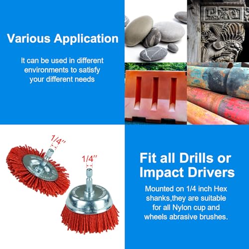 SALI 6 Pack Nylon Filament Abrasive Wire Brush Wheel & Cup Brush Set with 1/4 Inch Hex Shank, 6 Sizes Nylon Drill Brush Set for Removal of Rust Corrosion Paint