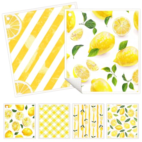 6 Pack Swedish Dishcloths for Kitchen - Reusable Dish Paper Towels Wash Cloths Washable,Absorbent Cellulose Cleaning Sponge Cloth Wipes Quick Dry, Decorative Tea Towels,No Odor Biodegradable(Lemon) - color: 6pcs - Lemon