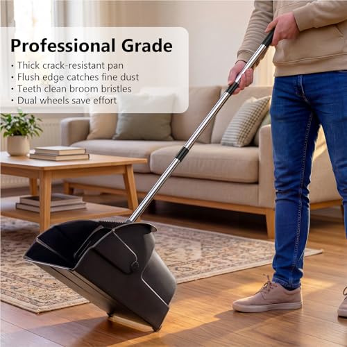 Jumbo Commercial Dustpan with Wheels & Comb Teeth - Heavy Duty 14.2" Rolling Debris Pan - Long Handle Extra Large Upright Dust Pan for Industrial Warehouse Garage Restaurant Sidewalk Outdoor - Black - color: Black