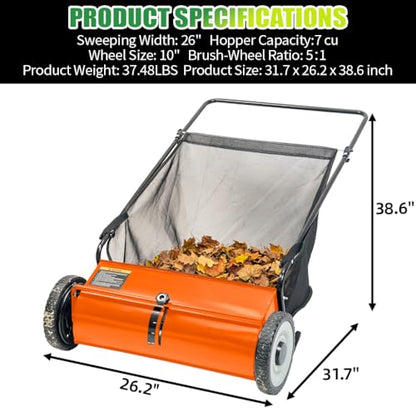 PPOLB 26" Push Lawn Sweeper, 7 cu.ft Large Capacity Yard Sweeper Push, 5:1 High-Density 4 Brushes, Adjustable Height, Heavy Duty Leaf Collector with Detachable Hopper, Rubber Wheels, Ergonomic Handle - color: Orange