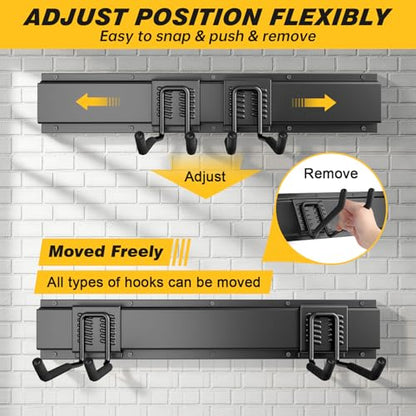 UUP 32 Inches Garage Storage, Garage Organization, Wall Mount Garden Tool Organizer, Max 300lbs Adjustable Metal Hooks, Yard Shed Hanging Rack, Heavy Duty Shelving for Rake Broom Mop Snowboard - size: 32" Alloy Steel with 2 Panels & 4 Hooks