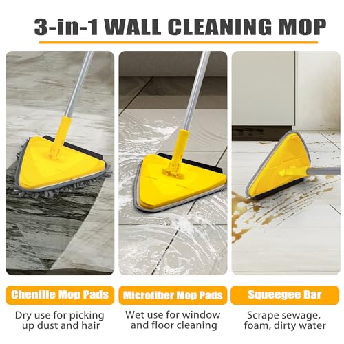 JEHONN Wall Mop with Long Handle 80 Inches, Upgraded 180° Collapsible Baseboard Cleaner Tool with Squeegee, Ceiling Duster with 3 Microfiber and 3 Chenille Pads for Cleaning Window, Cabinet (Yellow) - color: Yellow