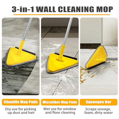 JEHONN Wall Mop with Long Handle 80 Inches, Upgraded 180° Collapsible Baseboard Cleaner Tool with Squeegee, Ceiling Duster with 3 Microfiber and 3 Chenille Pads for Cleaning Window, Cabinet (Yellow) - color: Yellow
