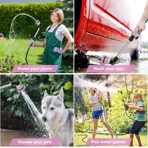 RESTMO Metal Watering Wand, Heavy Duty Garden Hose Wand with 180° Swivel Ratcheting Head, 16'' Hose Nozzle Sprayer with 7 Spray Patterns and Flow Control, for Water Hanging Baskets and Shrubs, Pink - color: Pink