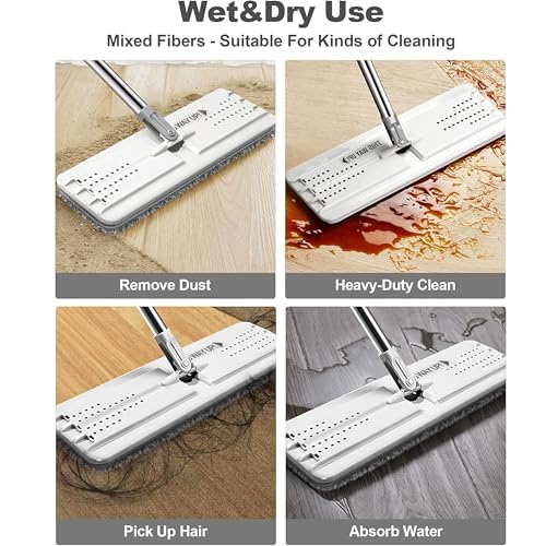 Mop and Bucket Set Self Wringing System – Separate Clean & Dirty Water, 360° Rotating Flat Mop, 2 Reusable Microfiber Pads, Hands Free Wet & Dry Cleaning for Hardwood Tile Laminate – Vallary