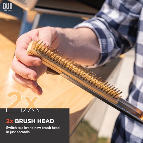 26'' Pizza Oven Brush with Stone Scraper - Includes 2 Brush Heads, Heat-Resistant Gold Stainless Steel Bristles - Long Grip Handle, Compatible with Ooni, Gozney, Blackstone, Solo Stove Ovens - color: Tan - 2 Brush Heads