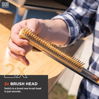 26'' Pizza Oven Brush with Stone Scraper - Includes 2 Brush Heads, Heat-Resistant Gold Stainless Steel Bristles - Long Grip Handle, Compatible with Ooni, Gozney, Blackstone, Solo Stove Ovens - color: Tan - 2 Brush Heads
