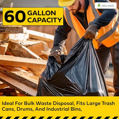 Lime Linen 60 Gallon Heavy Duty Contractor Xl Black Garbage Bags | Industrial, Construction & Yard Waste | Tear Resistant | 40 Pack, Extra Thick 2.5 Mil, Tie Bags, Interleaved On Roll Secure Closure - color: 60 Gallon, size: 1 Count (Pack of 40)