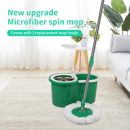Spin Mop and Bucket, Mop and Bucket with Wringer Set 360° Spinning Mop with 3 Microfiber Mop Refills 61" Adjustable Handle for Floor Cleaning - color: Green