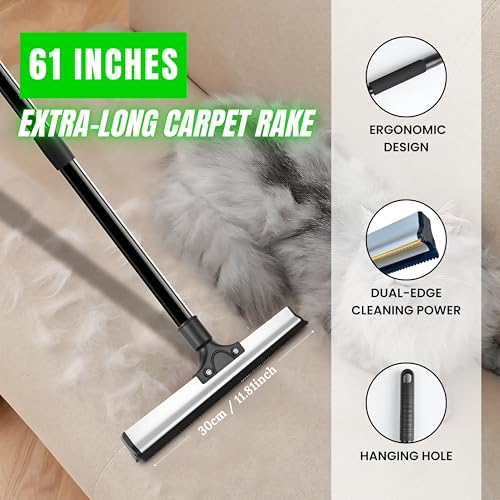 Carpet Rake Kit for Pet Hair Removal & Fluffing Matted Carpet – 61" Adjustable Handle, Deep Clean Dog & Cat Hair Remover, Reusable Scraper for Rugs, Low Pile Carpet, Couch Stairs & Car - size: Pet Hair Removal Kit