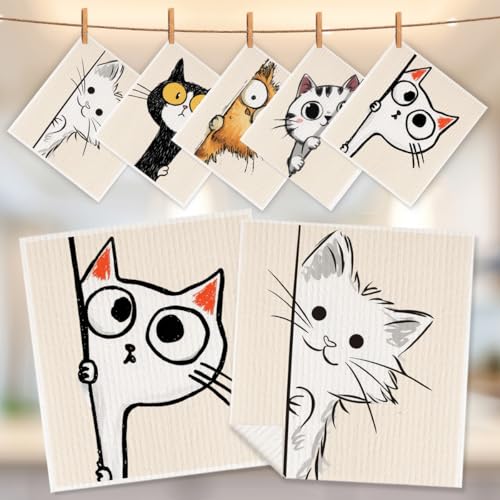 5 Pcs Cartoon Cute Peeking Kitten Swedish Dishcloths, Kitty Swedish Dishcloth, Funny Cat Dish Cloths for Drying Dishes, Reusable Cleaning Cloths, Cat Lover Gifts for Women 1 - color: Lm 03432
