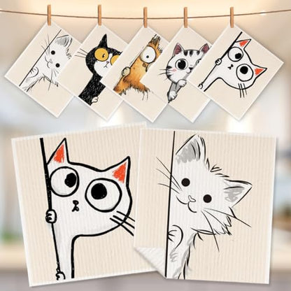 5 Pcs Cartoon Cute Peeking Kitten Swedish Dishcloths, Kitty Swedish Dishcloth, Funny Cat Dish Cloths for Drying Dishes, Reusable Cleaning Cloths, Cat Lover Gifts for Women 1 - color: Lm 03432
