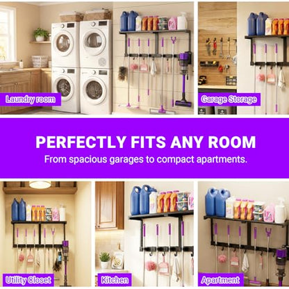 Heavy Duty Broom Holder Wall Mount with Cleaning Supplies Organizer, Space-Saving Laundry Room Organization and Storage Shelves, All-Metal Mop Hanger Broom Rack with Hooks, Garage Organizer Shelf - size: Small