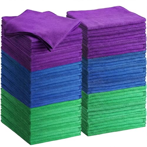 Nuenen Cleaning Cloths for Cars 16 x 16 Inch Ultra Absorbent Towels Drying Microfiber Reusable Cleaning Supplies House Kitchen Window Microfiber Towel (Purple,Blue,Green,60 Pcs) - color: Purple,blue,green