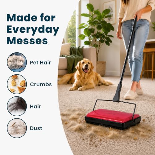 Alpine Manual Carpet Sweeper - Non Electric Triple Brush Push Floor Sweeper for Carpets, Rugs and Vinyl Floors - Red (Improved) - color: Improved Red