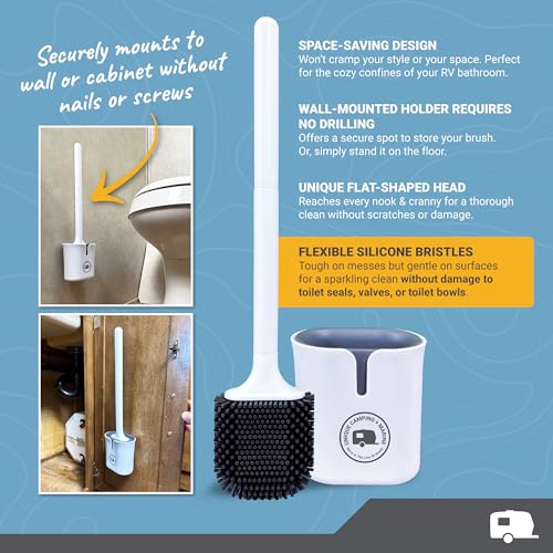 Unique RV Toilet Bowl Brush, Compact, Silicone Bristles, Won't Damage Toilets or Seals, Wall-Mount No-Drip Holder, Value Pack (Pack of 2) - size: 2 Compact Brushes