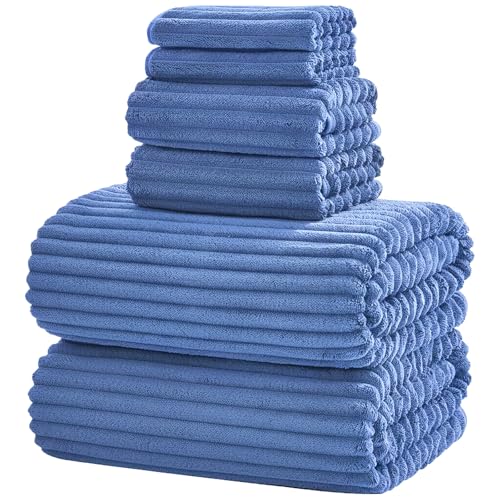 6-Piece Bath Towel Set(30"x60"), 2 Large Bath Towel Sheets, 2 Hand Towels and 2 Washcloths - Highly Absorbent Quick Dry Microfiber,Ultra Soft Towel Set for Bathroom (Blue) - color: Blue, size: 30x60 Bath Towel Set of 6