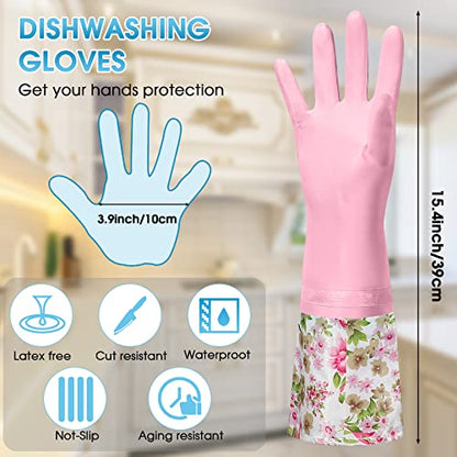 Mimorou 9 Pairs Household Dishwashing Rubber Gloves Long Cuff and Flock Lining Cleaning Gloves Reusable Waterproof