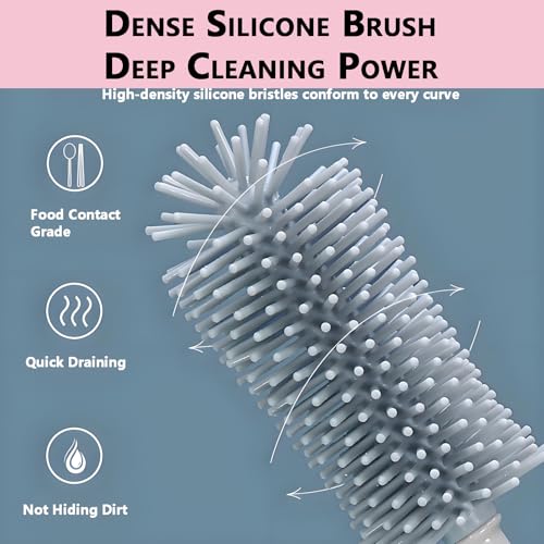Baby Bottle Brush Set 3-in-1, Silicone Brush with Wall Mount Holder, 11" Long Handle + Nipple Brush + Straw Cleaner for Cups & Straws – BPA Free (Pink) - color: Pink