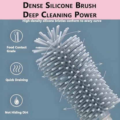 Baby Bottle Brush Set 3-in-1, Silicone Brush with Wall Mount Holder, 11" Long Handle + Nipple Brush + Straw Cleaner for Cups & Straws – BPA Free (Pink) - color: Pink