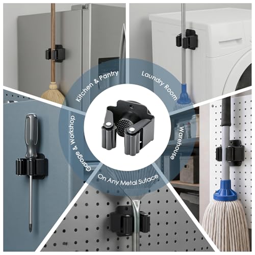 Magnetic Broom Holder Wall Mount, 5PCS No-Drill Broom and Mop Organizer Wall Hanging, 12lbs Heavy Duty Magnetic Tool Holder for Work Garage Laundry Kitchen RV Van Accessories