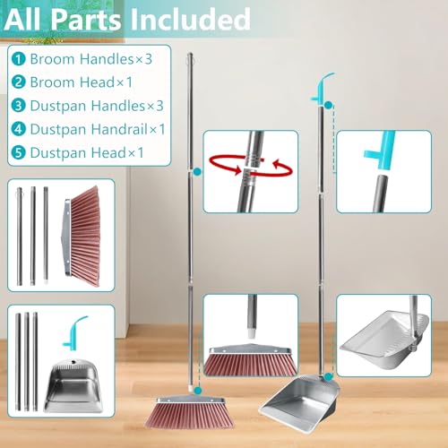 Stainless Steel Broom and Dustpan Set, 2-Piece, Long Handle Standing Design with Comb Teeth, Heavy Duty Windproof Upright for Home, Kitchen, Indoor Outdoor Use (Silver Teeth) - color: Silver Teeth