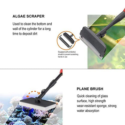 UPETTOOLS Aquarium Clean Tool 6 in 1 Fish Tank Cleaning Kit Algae Scraper Scrubber Pad Adjustable Long Handle Fish Tank Brush Cleaner Set