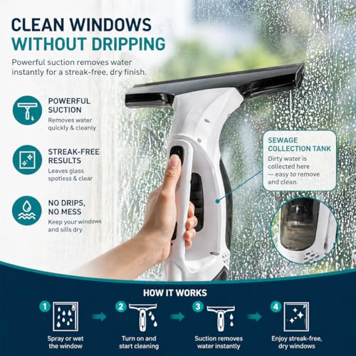 Cordless Window Vacuum Cleaner – Streak-Free Shower Glass & Window Cleaning in Seconds, Powerful Suction Rechargeable Handheld Window Vac, No Drips, Easy for Mirrors, Tiles & Car Windows