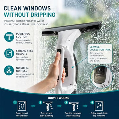 Cordless Window Vacuum Cleaner – Streak-Free Shower Glass & Window Cleaning in Seconds, Powerful Suction Rechargeable Handheld Window Vac, No Drips, Easy for Mirrors, Tiles & Car Windows