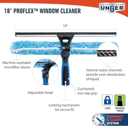 Unger Professional Connect and Clean 18” Proflex 2-in-1 Squeegee and Scrubber, High Access Window Cleaning Tool with Pivoting Head, Commercial and Residential Use, Reusable Microfiber Sleeve - style: ProFlex Window Cleaner II