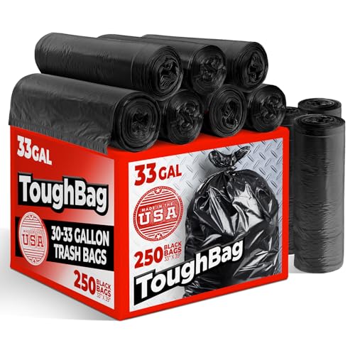 ToughBag 30-33 Gallon Trash Bags Heavy Duty, 32 x 38" Black Garbage Bags (250 COUNT) – 30+, 32 Gallon Trash Bags - Made In USA - size: 250 Count (Pack of 1)